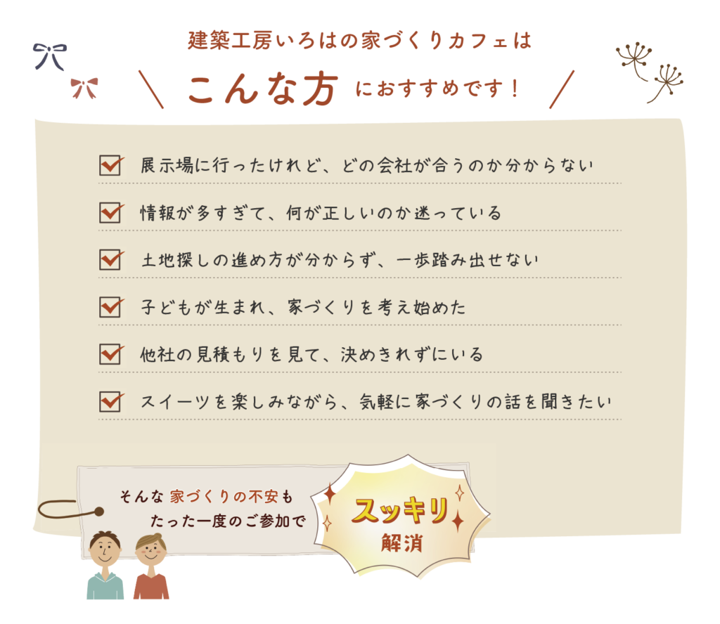 建築工房いろはの家づくりカフェ案内イラストで、注文住宅や家づくりを検討中の方に向けて、土地探しや資金計画、他社比較などの不安をスイーツを楽しみながら気軽に相談できる内容がチェック形式で整理されています。