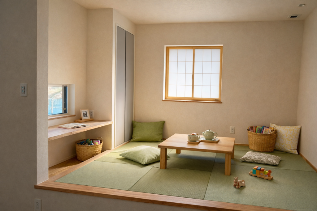 建築工房いろはが手がけた注文住宅の室内写真で、リビング横に設けられた小上がり和室とカウンタースペースがある住まいの間取りや家づくりの工夫が分かる施工事例。