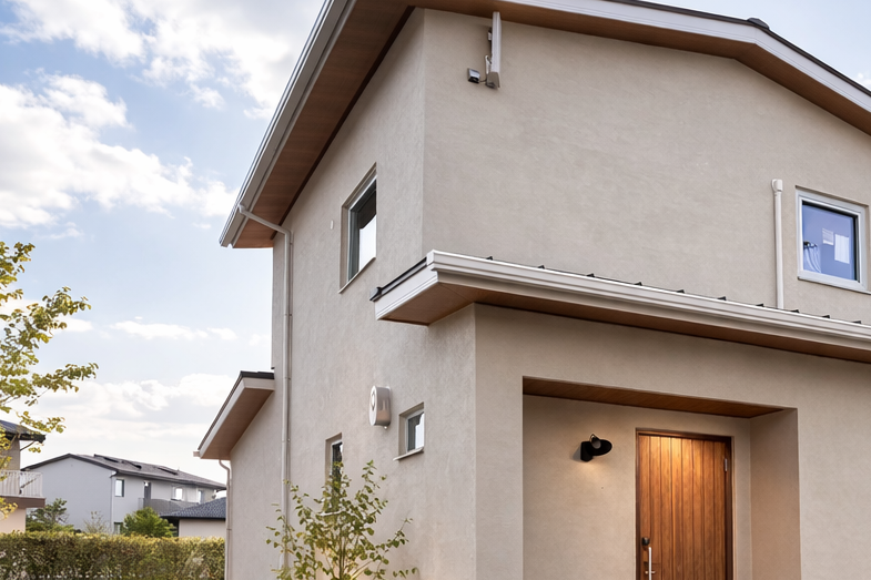 建築工房いろはが手がけた注文住宅の外観写真で、塗り壁仕上げの外壁と木製玄関ドア、軒の深い屋根が特徴の二階建て住宅を撮影した住まいづくりの施工事例。