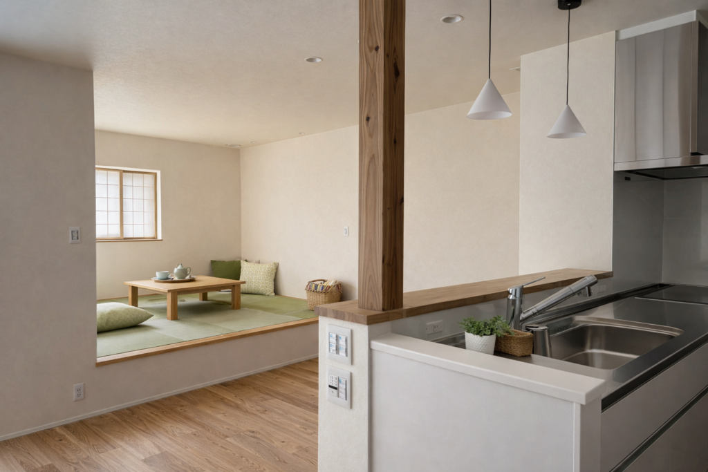 建築工房いろはが手がけた注文住宅の室内写真で、対面キッチンから小上がり和室とリビングがつながる開放的なLDK空間を撮影した家づくりの施工事例。