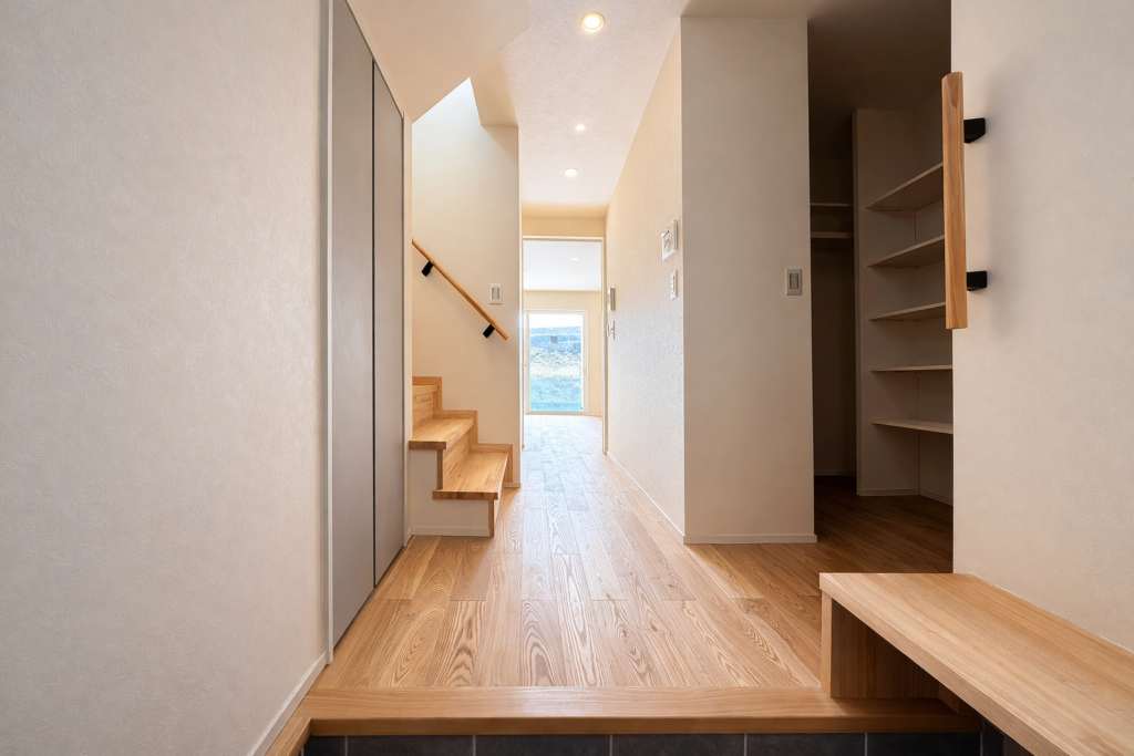 建築工房いろはが手がけた注文住宅の室内写真で、玄関から廊下・階段へとつながる動線と収納スペースを備えた住まいの間取りや家づくりの工夫が分かる施工事例。
