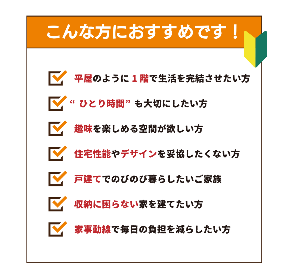 注文住宅を検討中の方に向けて、平屋のような1階完結の生活や家事動線、住宅性能などのこだわりポイントをチェックリスト形式で紹介する、建築工房いろはの完成見学会用チラシ画像です。