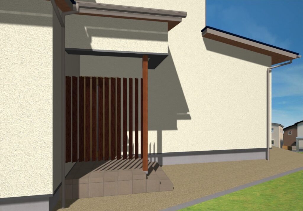 ベージュの塗り壁に、濃い茶色の木目調の縦格子がアクセントとなった玄関アプローチのパース図。深い軒が作る影が落ち着いた印象を与え、プライバシーに配慮した和モダンな外観デザインを示しています。