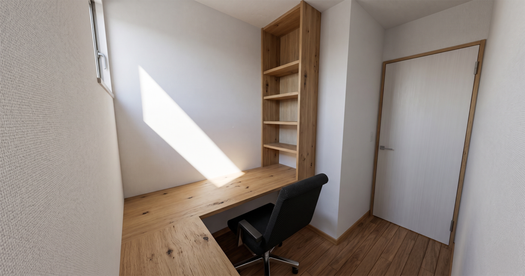 建築工房いろはが手掛けた注文住宅の施工例で、窓からの自然光が差し込む明るい空間に、木の質感を活かしたL字型の造作デスクと天井まで届く壁面収納を設置し、限られたスペースを有効活用して集中できる環境を整えた、テレワークや趣味に最適な書斎・ワークスペースの内観写真。