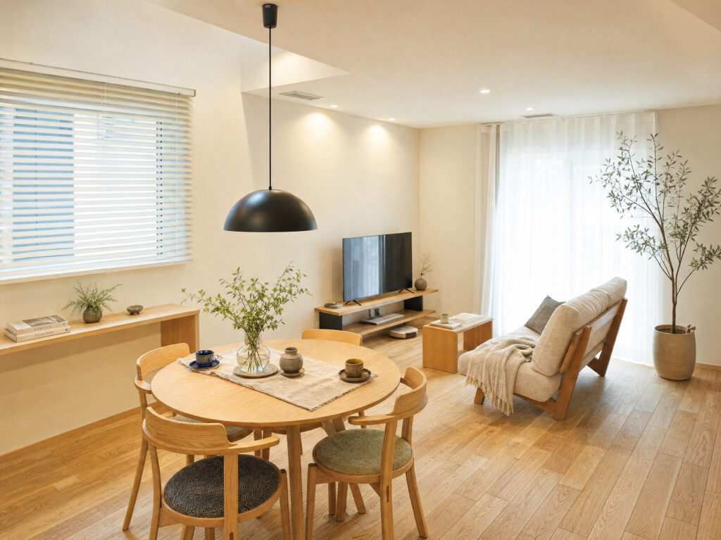 工務店の建築工房いろはが手掛けた、無垢材のフローリングと白壁が調和するナチュラルな注文住宅のリビングダイニングの内観写真で、丸い木製テーブル、ソファ、黒いペンダントライト、テレビボードが配置され、窓からの自然光が心地よい空間です。