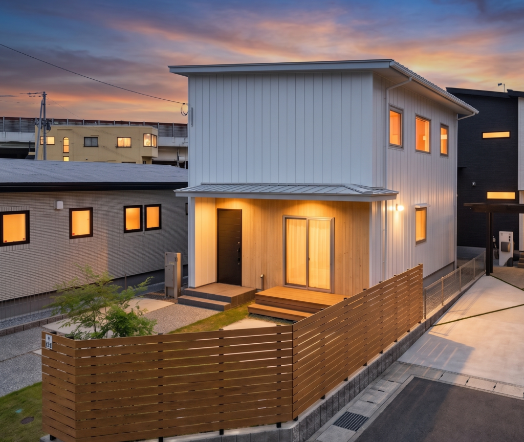 夕暮れ時の空を背景に建つ、白い外壁と木目調のアクセントが特徴的な2階建ての注文住宅で、建築工房いろはが手掛けた、夜間照明に照らされたウッドデッキと緑のある外構の家づくり事例です。