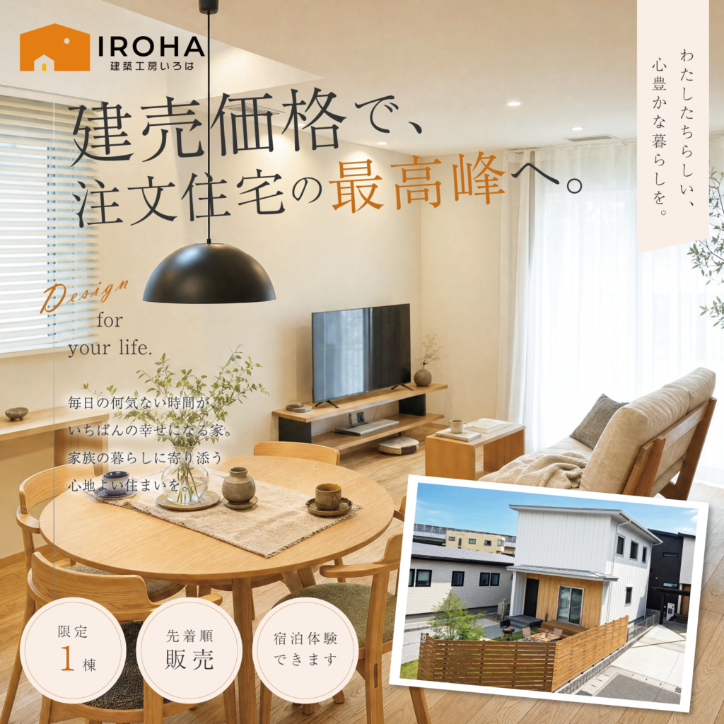ALTテキスト（社名オプション：建築工房いろは）： 工務店の建築工房いろはが手掛ける注文住宅のモデルハウス販売用画像であり、木製テーブルやソファを配した温かみのあるリビングダイニングの内観写真に、ウッドデッキと庭を備えた白い外観の家づくり事例カット、および「建売価格で、注文住宅の最高峰へ。」などの紹介文が添えられています。