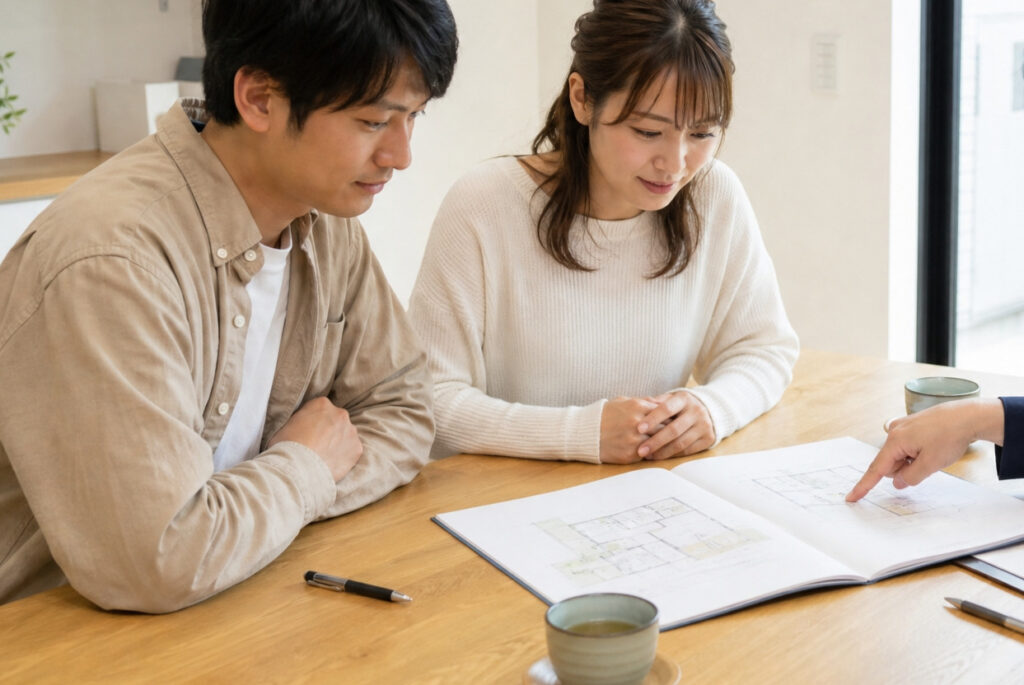 木のテーブルで間取り図面を広げ、設計担当者からの説明を真剣に聞く夫婦の家づくり相談風景