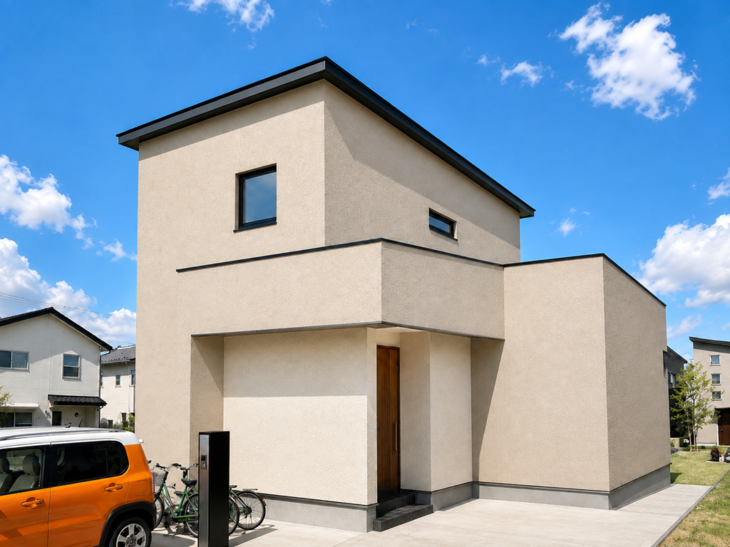 青空の下に佇む、ベージュ系の塗り壁と立体的な箱型フォルムが特徴的な工務店「建築工房いろは」が手掛ける注文住宅の外観写真で、駐車スペースや自転車、玄関アプローチが整えられた家づくりの施工事例。