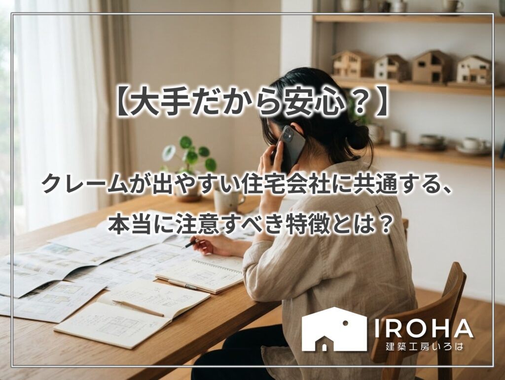 【大手だから安心？】クレームが出やすい住宅会社に共通する、本当に注意すべき特徴とは？。図面やノートを広げて電話で相談する女性と建築工房いろはのロゴ。