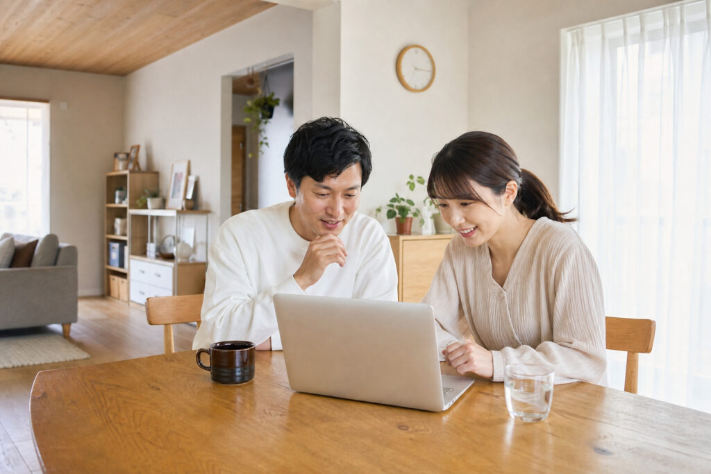 木製テーブルでノートパソコンの画面を一緒に見つめ、住まいについて楽しそうに相談する夫婦