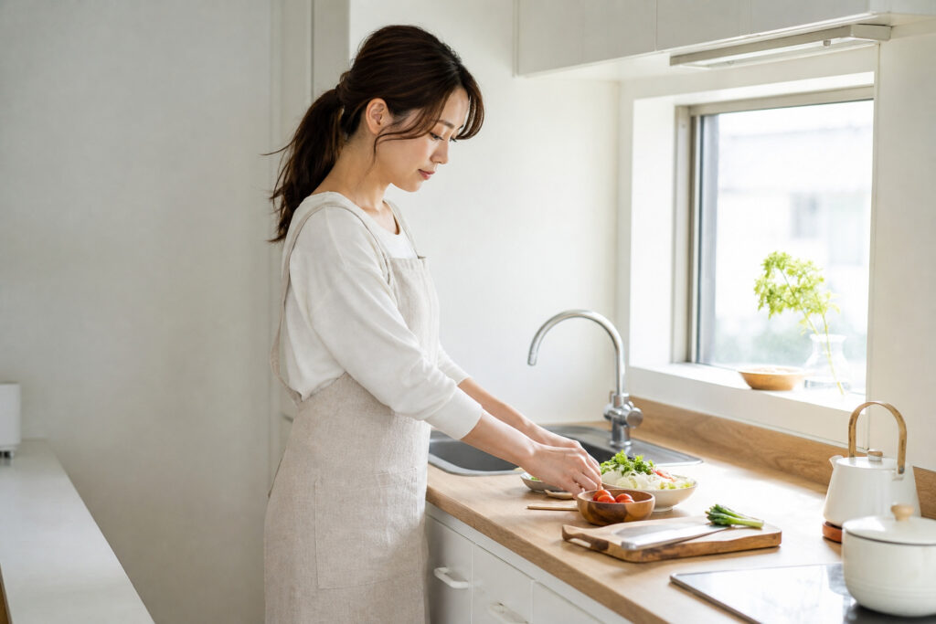 木目調カウンターと出窓から自然光が差し込む明るい対面キッチンで、野菜を盛り付けるエプロン姿の女性。