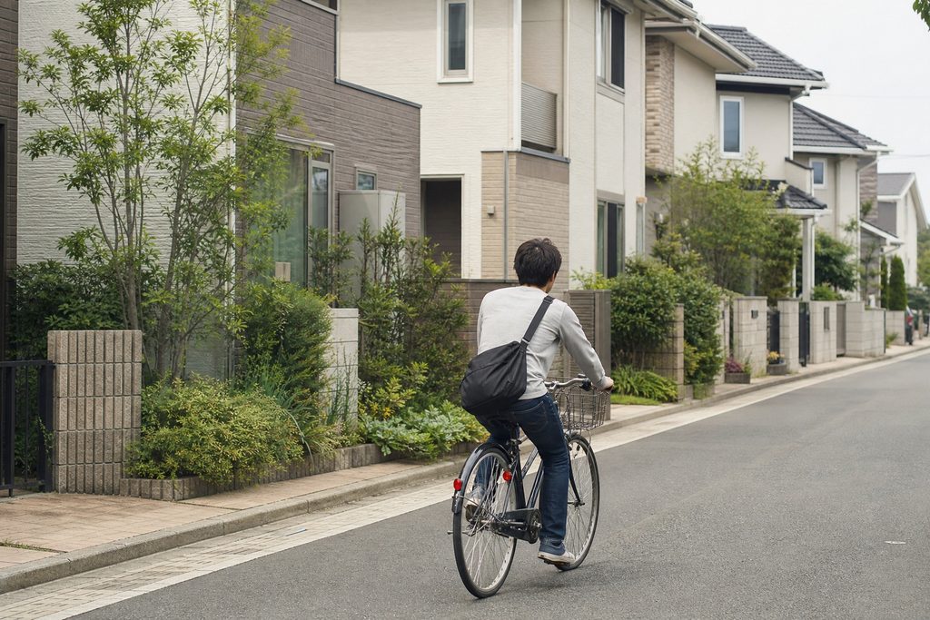 木目調サイディングや塗り壁のモダンな戸建て住宅が立ち並ぶ、歩道が整備された閑静な住宅街を走る自転車。
