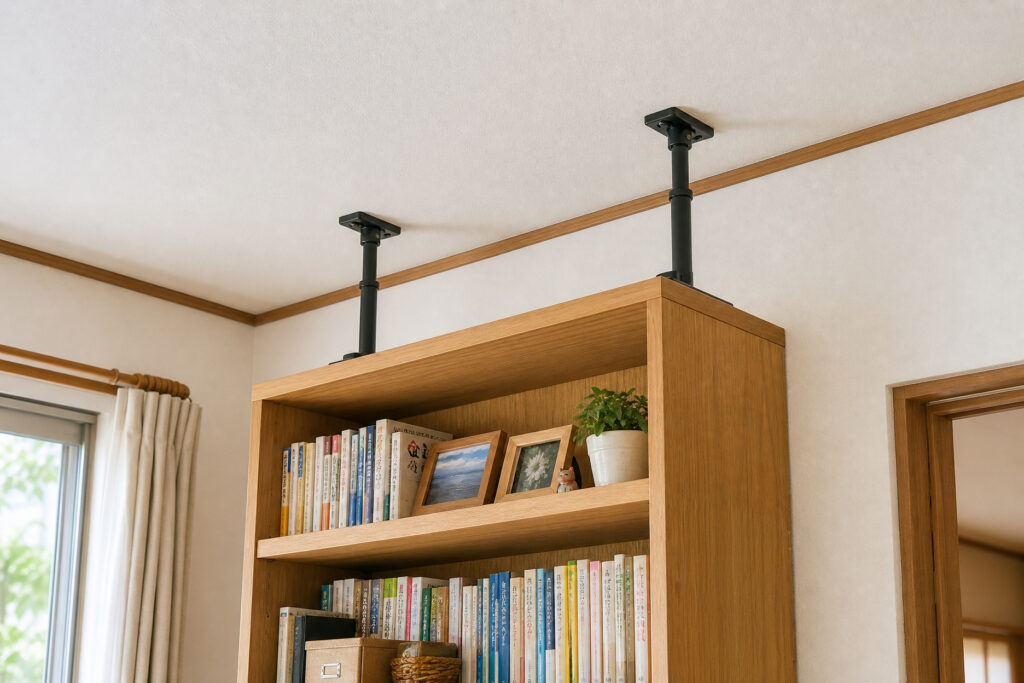 地震対策として、木製本棚と天井の間に設置された黒い突っ張り式の家具転倒防止器具