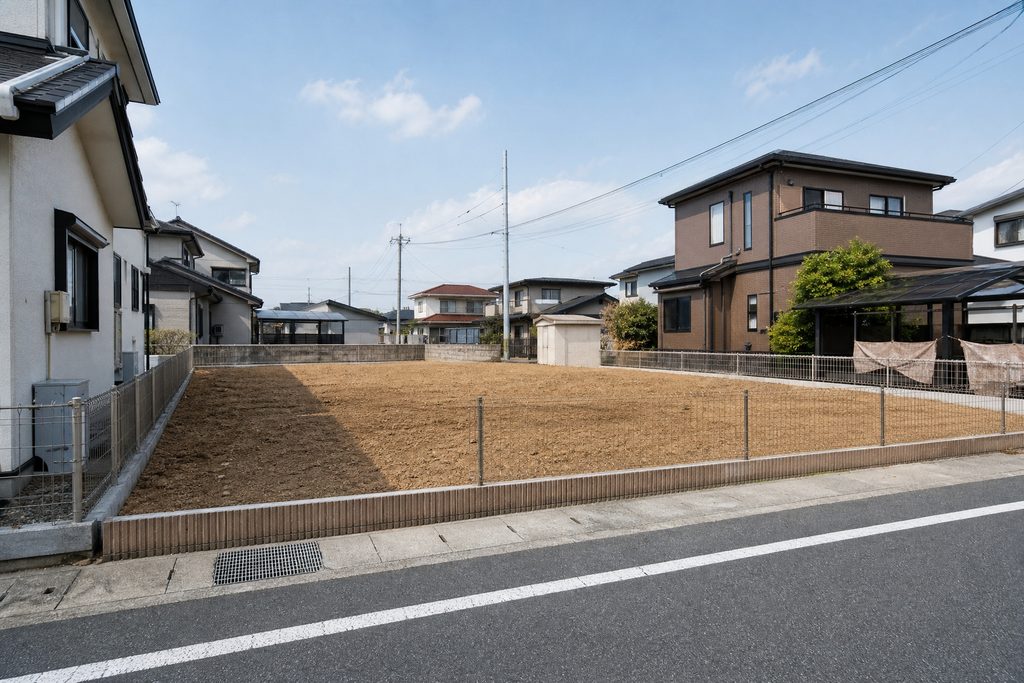 住宅街に位置する、メッシュフェンスとブロック基礎で囲まれた整地済みの整形地な建築用分譲地。