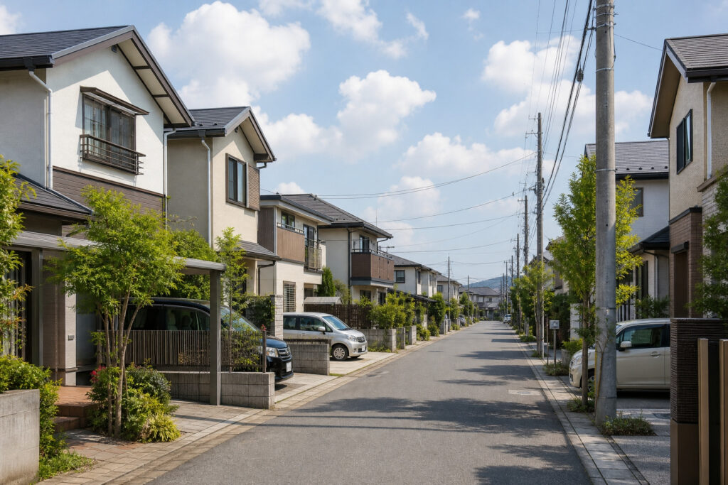 青空の下に整然と立ち並ぶ戸建て住宅と、植栽が美しく整備された閑静な住宅街の街並み