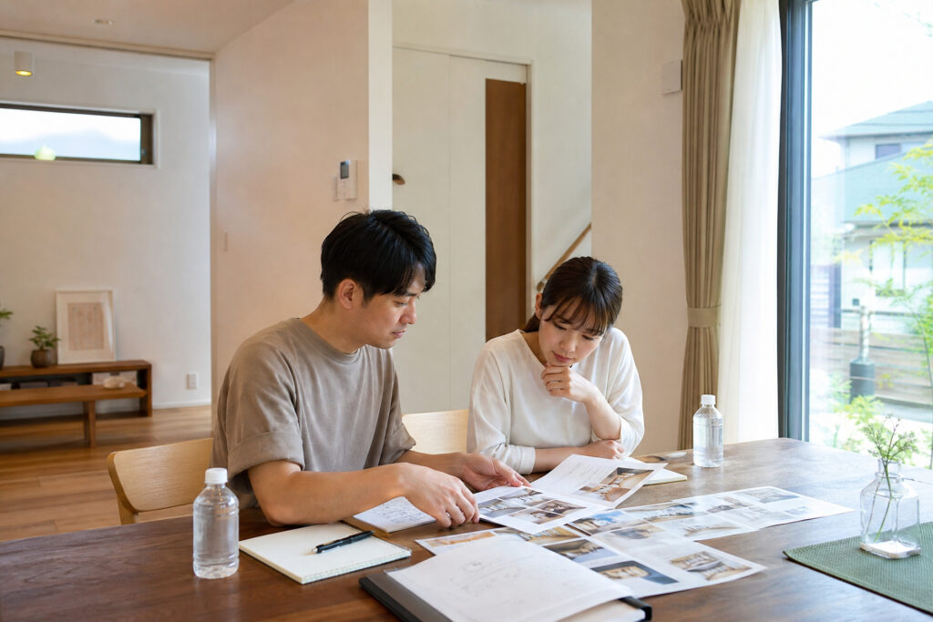 無垢材のダイニングテーブルで間取り資料や建築実例を広げ、熱心に家づくりの相談をする夫婦