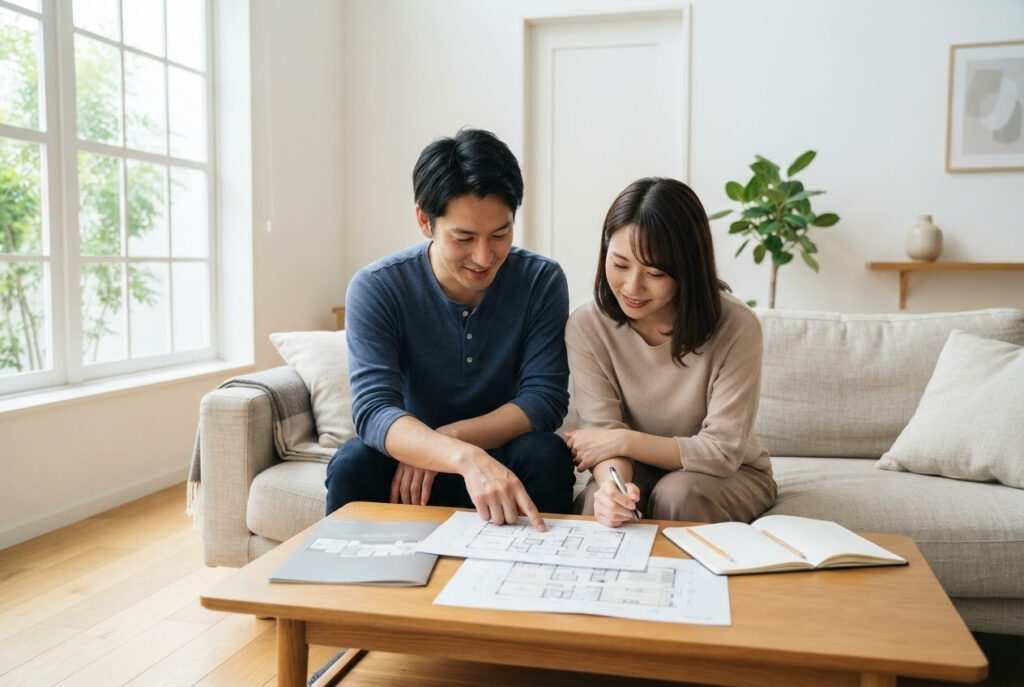 明るいリビングのソファで間取り図面を広げ、笑顔で指差しながら住まいの計画を話し合う夫婦
