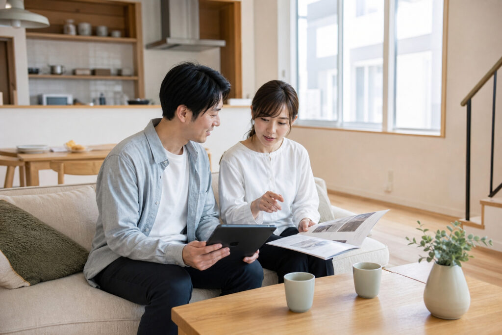 明るいLDKのソファでタブレット端末とカタログを広げ、間取りやインテリアのイメージを話し合うご夫婦。