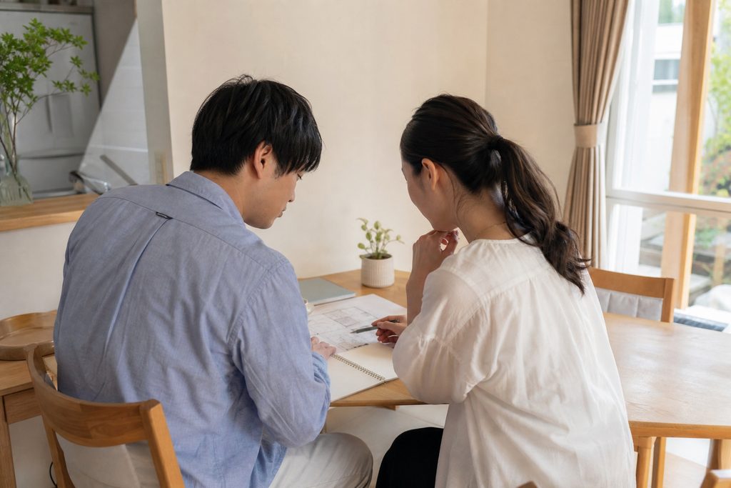 明るいダイニングで木製テーブルに間取り図面とノートを広げ、家づくりのプランを熱心に検討するご夫婦。