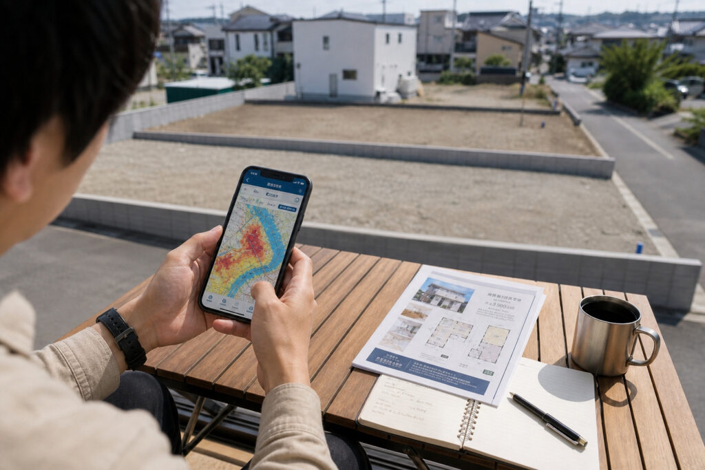 屋外テーブルで造成地を背景に、スマートフォンでハザードマップを確認しながら間取り図面を広げる男性