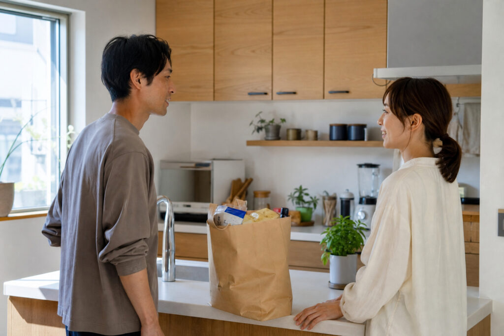 木目調の背面収納とアイランドカウンターがある明るいキッチンで、笑顔で会話を交わす夫婦