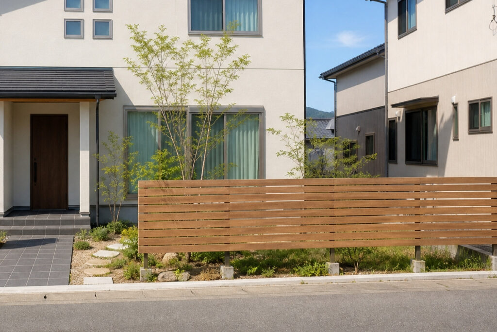 塗り壁の外壁と瓦屋根のモダンな住宅の前に設置された、植栽が映える木目調の横格子目隠しフェンス。