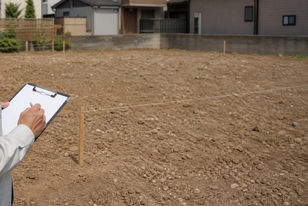 縄張り(地縄)が張られた整地済みの建築敷地で、バインダーを手に現地調査と確認を行う施工スタッフ。