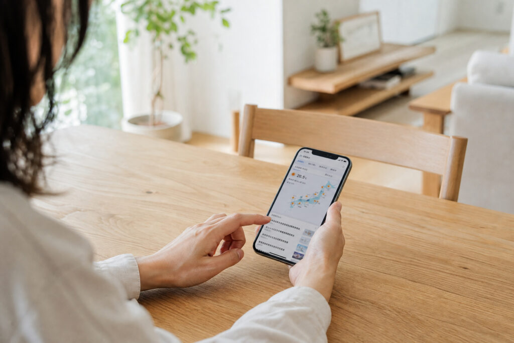 無垢材テーブルでスマートフォンを操作し、天気予報や気温情報を確認する女性の手元