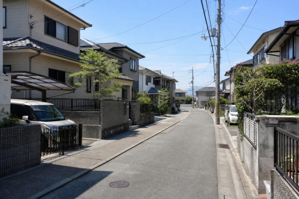 青空の下にカーポートやブロック塀を備えた戸建て住宅が並ぶ、見通しの良い閑静な住宅街の道路風景。
