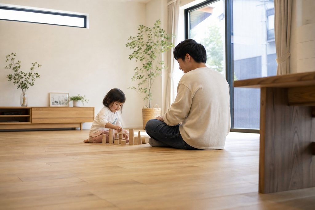 大きな掃き出し窓から光が差し込む広々とした無垢フローリングのリビングで、積み木遊びを楽しむ親子。