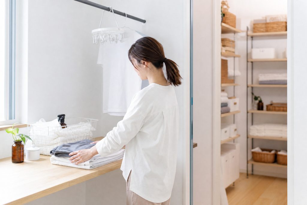 室内物干しバーや造作カウンターを備え、奥の可動棚収納へとスムーズにつながる家事動線に優れたランドリールーム。