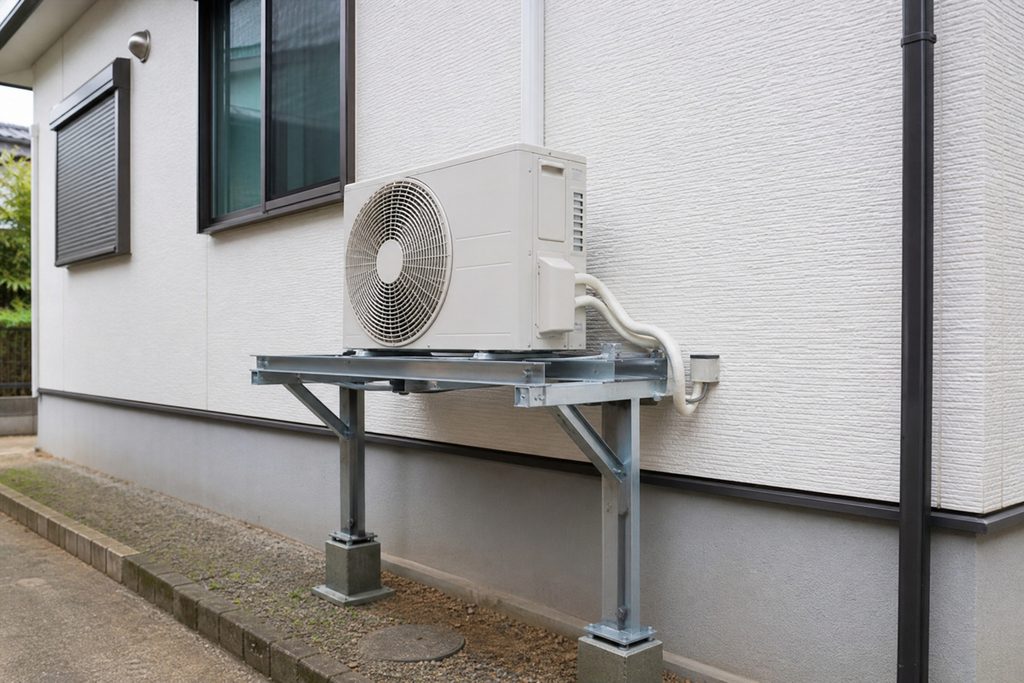 住宅の外壁沿いに浸水・防雪対策として高置架台（壁面支持台）へ設置されたエアコン室外機