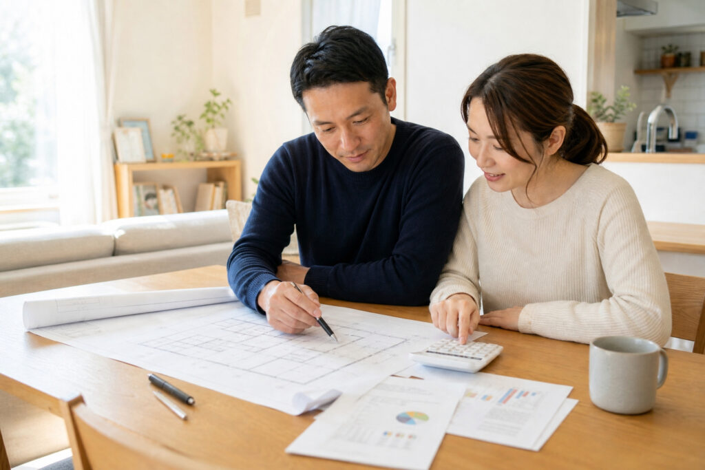 ダイニングテーブルに間取り図面と電卓、資金計画の資料を広げて住まいづくりの相談をするご夫婦