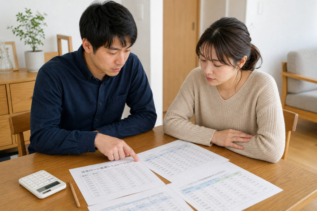 住宅ローン返済シミュレーションの書類を2人が確認し、返済計画や資金計画を検討する様子。
