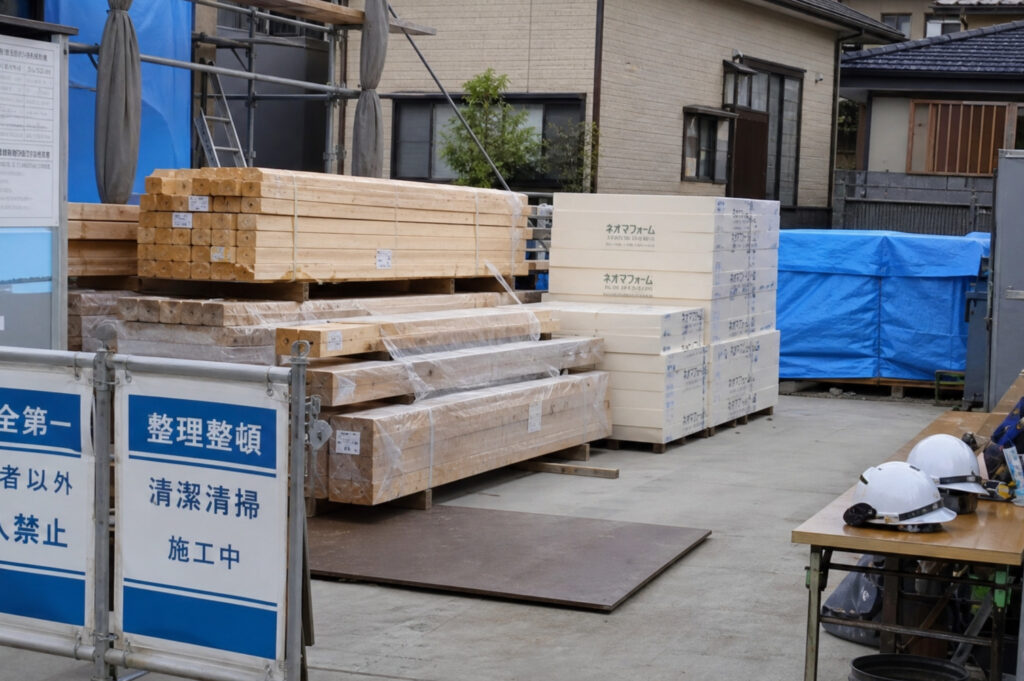 整理整頓された新築住宅の工事現場に搬入された、構造用木材の束と高性能断熱材ネオマフォーム。