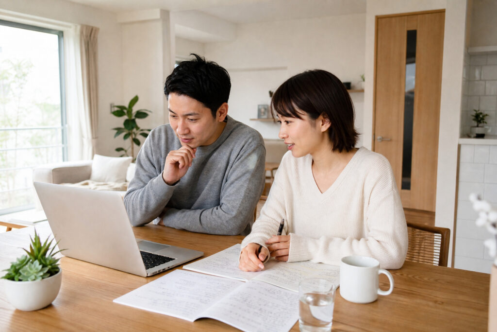 室内で2人がノートPCを見ながら資料を確認し、家づくりや資金計画の情報整理を行う場面。