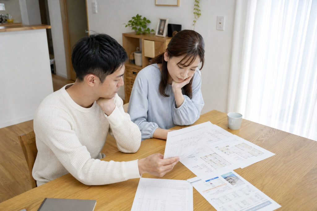 リビングのテーブルでインテリアのカタログや素材サンプルを広げ、住まいのデザインや色選びを相談する様子が写された打ち合わせ風景。