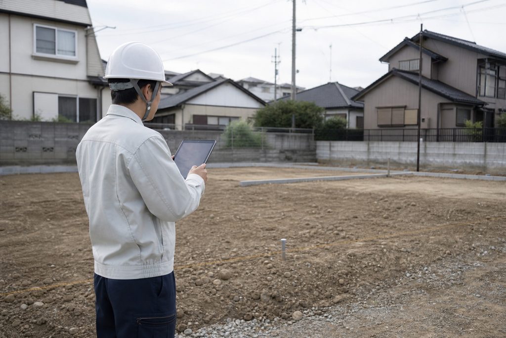 整地された住宅建築予定地にて、ヘルメットをかぶりタブレットを操作する現場監督の後ろ姿