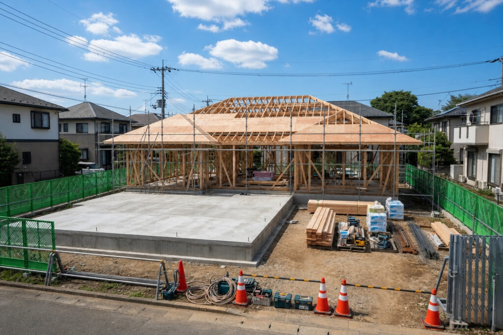 ベタ基礎の上に木造軸組工法の柱や梁、屋根の野地板が組み上がった上棟直後の平屋の建築現場