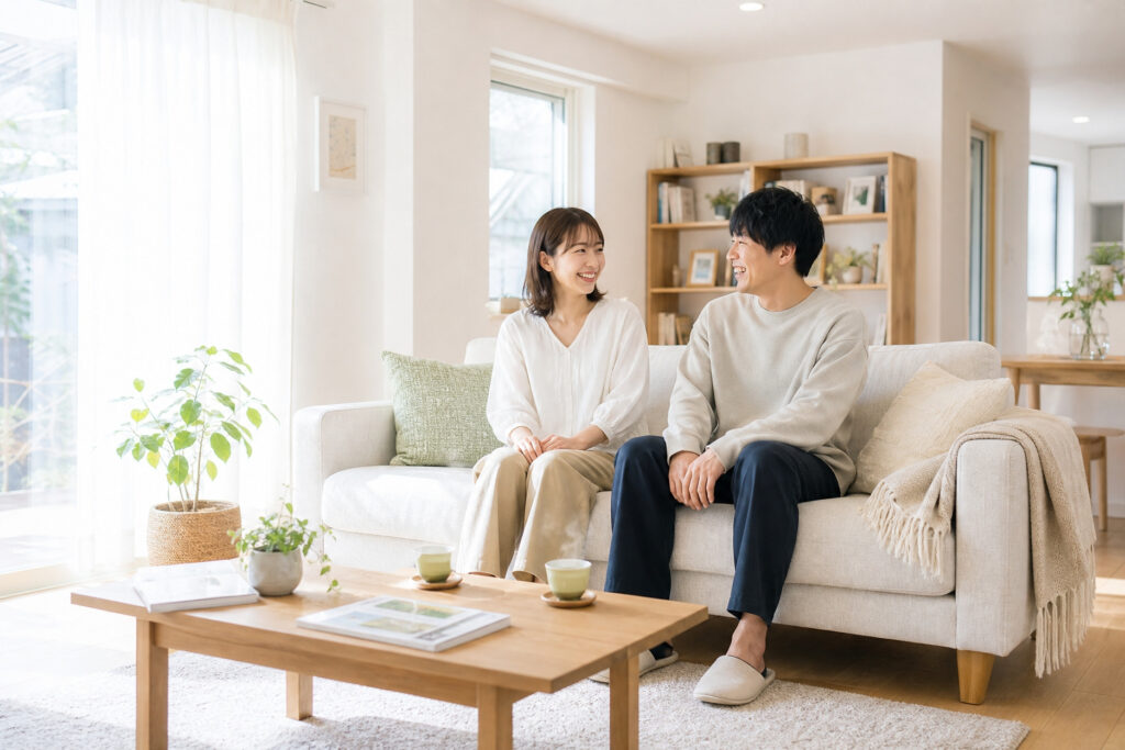 明るいリビングで2人がソファに座り、落ち着いた空間で会話する生活シーン。