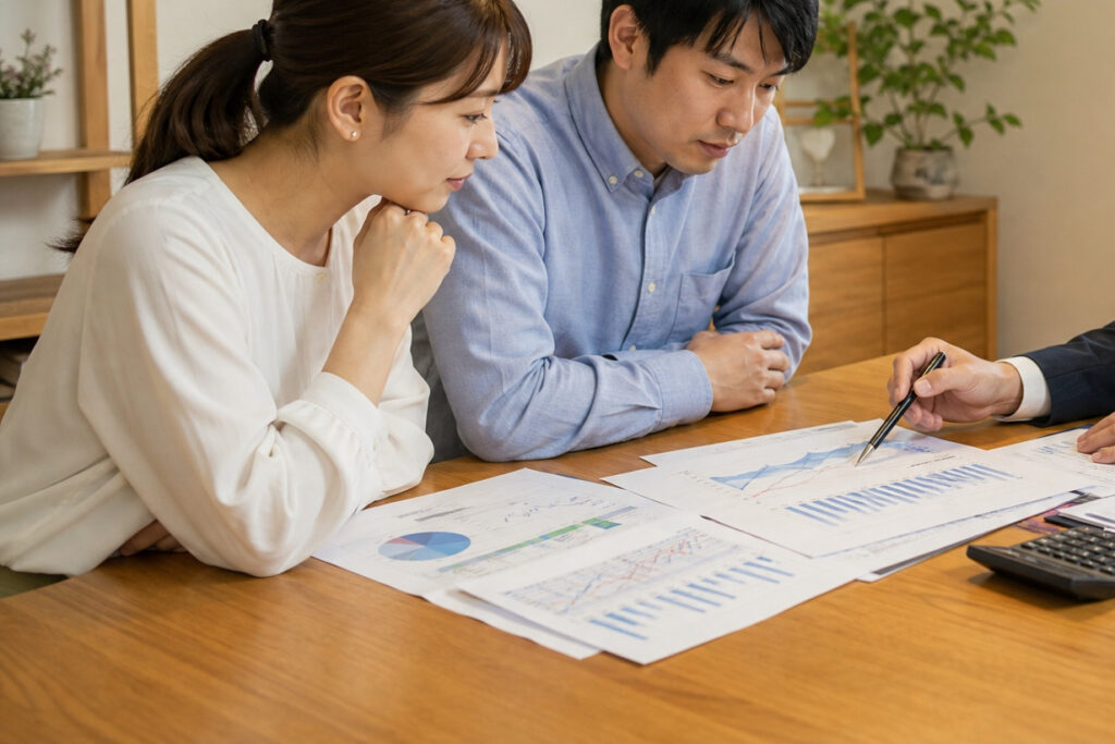 工務店の担当者から提示された光熱費や資金計画のグラフ資料を、真剣な表情で見つめるご夫婦。