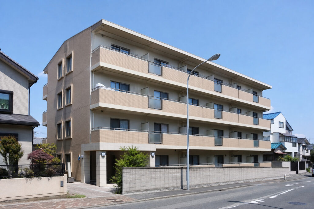 4階建ての集合住宅の外観が写され、バルコニーや周辺住宅が並ぶ街並みが広がる環境。