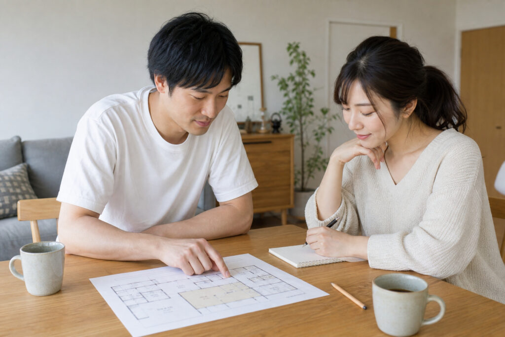 間取り図面を広げて住まいの計画を相談する様子が写され、テーブル上に図面やノートが並ぶ家づくりの打ち合わせ風景。