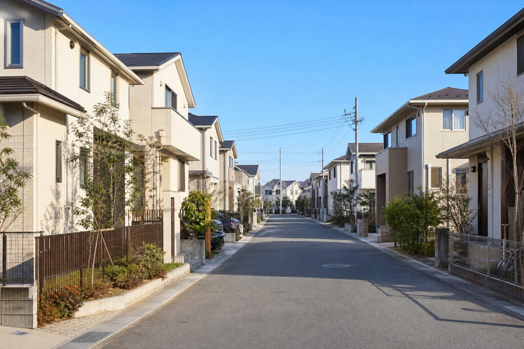青空のもと整然と並ぶ戸建て住宅と街路樹の緑が調和した、開放感のある閑静な分譲住宅地の街並み。