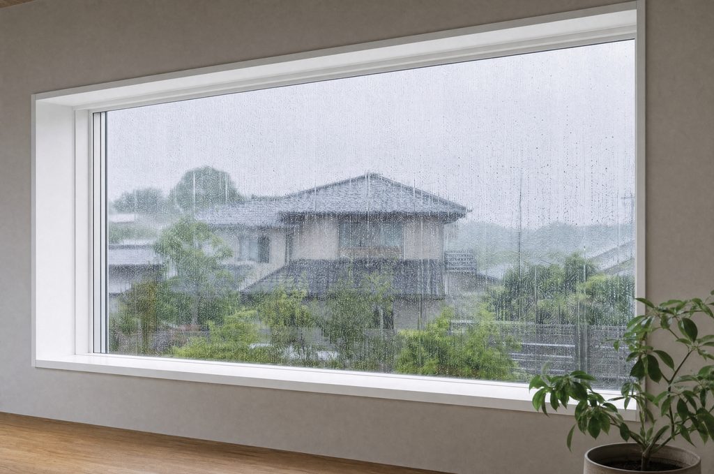 雨粒が流れる大きなピクチャーウィンドウ越しに眺める、緑豊かな庭と向かいの家並み