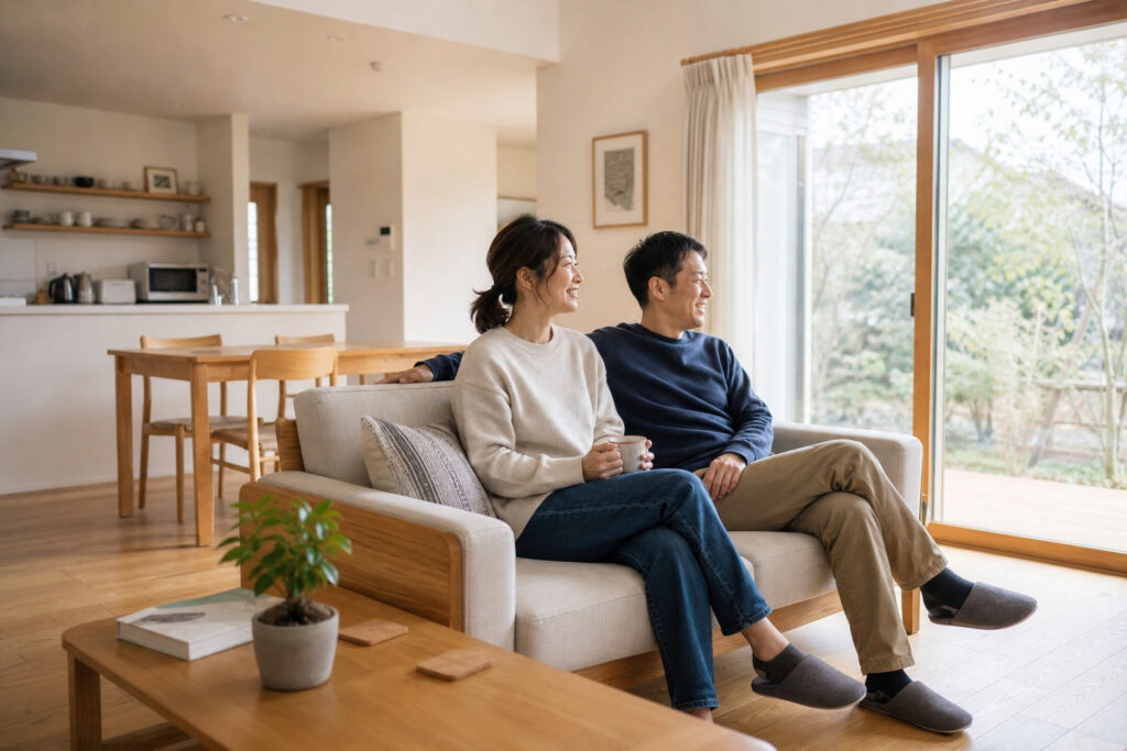 庭の緑を望む木製サッシの大きな掃き出し窓のそばで、ソファに座りくつろぐご夫婦