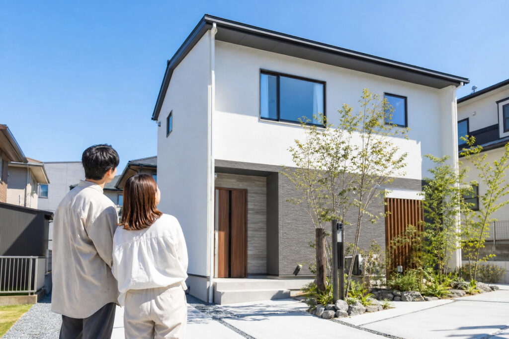 2人が外で新築住宅の外観を確認している様子を写した写真で、注文住宅や建売住宅の検討、家づくりの初期段階における住宅会社選びの場面を示している。