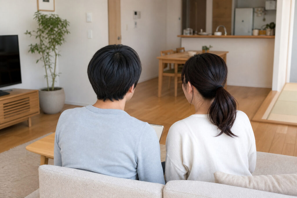 リビングのソファに2人が座り、テレビやダイニングが見える明るい室内で、住まいの生活シーンを感じられる空間。