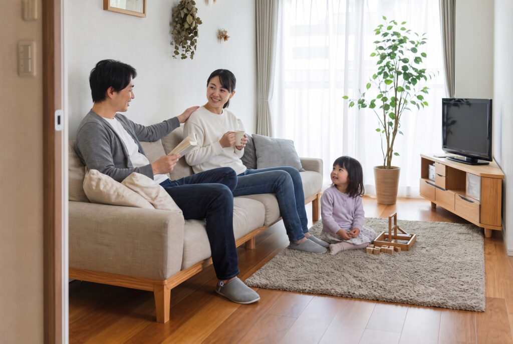 無垢床のリビングでソファに腰掛けてくつろぐご夫婦と、ラグの上で木製のおもちゃで遊ぶ女の子の家族風景。